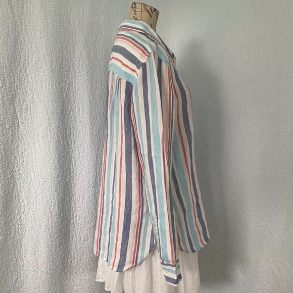 LL Bean Premium Striped Pool Blue Linen Button Down Shirt New - Picture 3 of 10